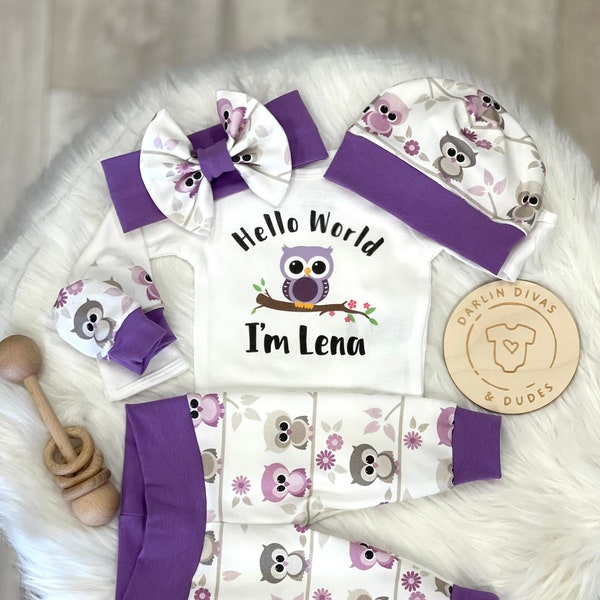 Owl Girls Coming Home Outfit, Personalized Baby Set, Purple Lilac Custom Newborn Hospital,  Baby Shower Gift, Photo Prop, Owl Layette,