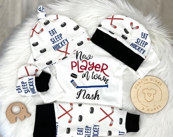 Personalized Hockey Baby Boy Coming Home Outfit,  Baby Boy Layette, Great Baby Shower Gift