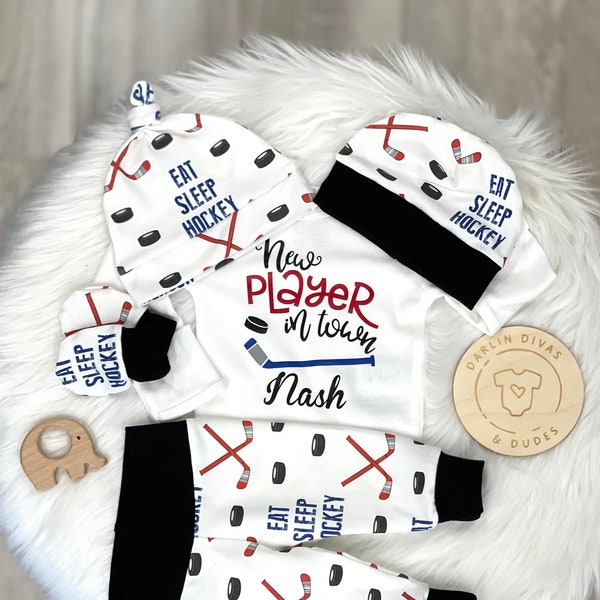 Personalized Hockey Baby Boy Coming Home Outfit,  Baby Boy Layette, Great Baby Shower Gift