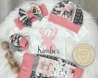 Pink Camo Deer Coming Home Outfit, Personalized Girls Baby Set, Custom Newborn Hospital,  Baby Shower Gift, Hunting Country Girl Camouflage