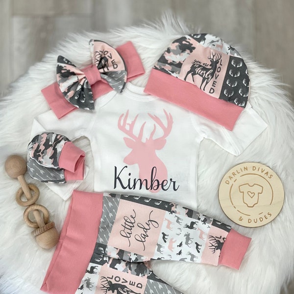 Pink Camo Deer Coming Home Outfit, Personalized Girls Baby Set, Custom Newborn Hospital,  Baby Shower Gift, Hunting Country Girl Camouflage