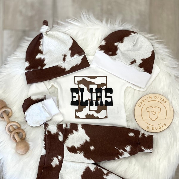 Country Boy Personalized Coming Home Outfit,Cow Hide Country Baby Boy Outfit, Newborn Outfit, Baby Shower Gift, Boy Layette, Little Cowboy