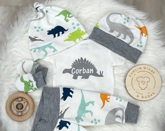 Baby Boys Dinosaur Coming Home Outfit, Dinosaur Personalized Baby Boy Outfit,  Newborn Boy Set, Baby Shower Gift, Baby Boy Layette and Hat