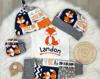 Fox Boys Coming Home Outfit, Personalized Baby Boy Outfit, Brave Fox Newborn Outfit, Baby Boy Layette Hat Set, Infant Baby Shower Gift