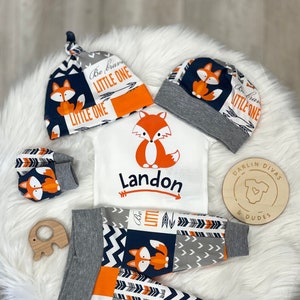 Fox Boys Coming Home Outfit, Personalized Baby Boy Outfit, Brave Fox Newborn Outfit, Baby Boy Layette Hat Set, Infant Baby Shower Gift