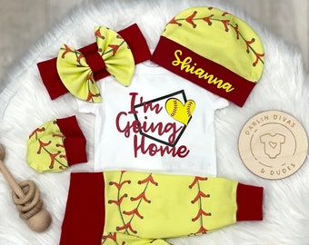 Softball Girls Coming Home Outfit, Going Home Baby Girl Outfit,  Take Home Newborn Outfit, Baby Shower, Custom Layette and Hat Set