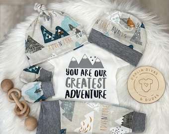 Boys Coming Home Outfit, Greatest Adventure Baby Boy Outfit, Take Home Newborn Outfit, Baby Shower Gift, Boy Layette and Hat Set