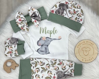 Girls Floral Elephant Coming Home Outfit, Personalized