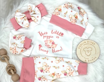 Girls Piggie Coming Home Outfit, Piggie Going Home Girls Baby Set, Pig Custom Newborn Hospital,  Baby Shower Gift, Farm Country Girl Layette