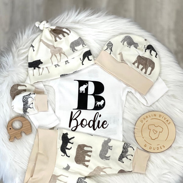 Baby Boys Safari Animals Coming Home Outfit, Personalized Baby Boy Outfit,  Newborn Boy Set, Baby Shower Gift, Baby Boy Layette and Hat