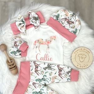 Horse Floral Girls Coming Home Outfit, Personalized Baby Set, Custom Newborn Hospital,  Baby Shower Gift, Blush Pink, Newborn Going Home Set