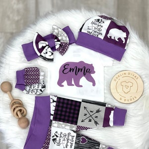 Personalized Purple Bear Baby Outfit: Newborn Girl Coming Home Set