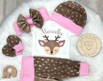 Fawn Deer Coming Home Outfit, Pink Girls Personalized Deer Baby Set, Custom Newborn Hospital,  Baby Shower Gift, Floral Fawn Layette