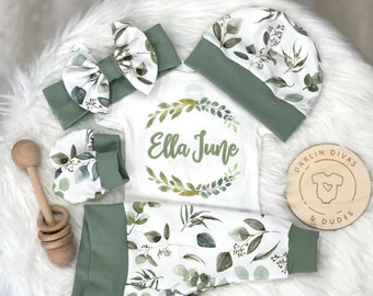 Eucalyptus Boho Girl's Coming Home Outfit, Personalized Custom Girls Baby Set, Custom Newborn Hospital,  Baby Shower Gift,  Farmhouse