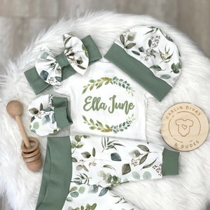 Eucalyptus Boho Girl's Coming Home Outfit, Personalized Custom Girls Baby Set, Custom Newborn Hospital,  Baby Shower Gift,  Farmhouse