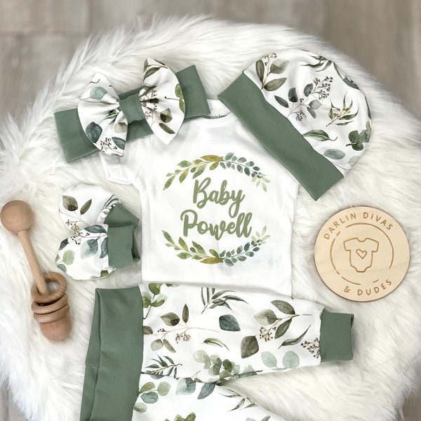 Greenery Eucalyptus Boho Gender Neutral Coming Home Outfit, Personalized