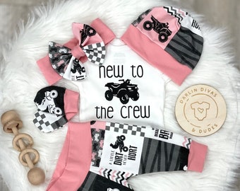 ATV Quad 4 Wheeler Baby Girl Outfit, Pink New to the Crew Coming Home Girl, Take Home Newborn Outfit, Layette, Baby Shower Gift