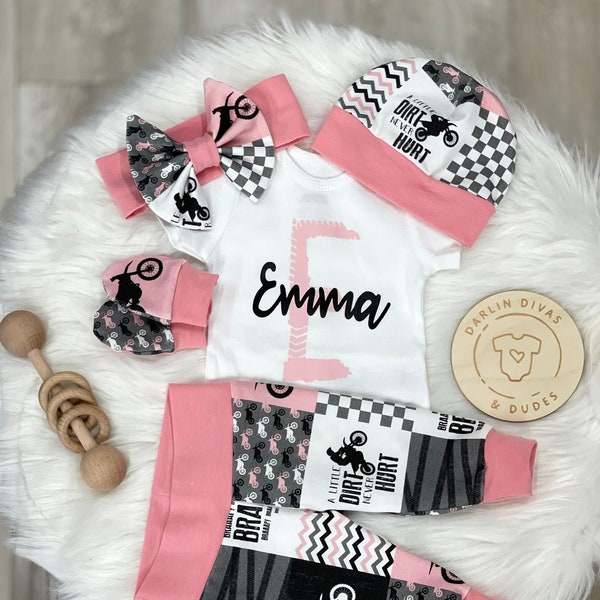 Baby Girl Motocross Infant Outfit, Personalized Coming Home Baby Girl Outfit, Take Home Newborn Outfit, Dirt Bike, Baby Shower Gift