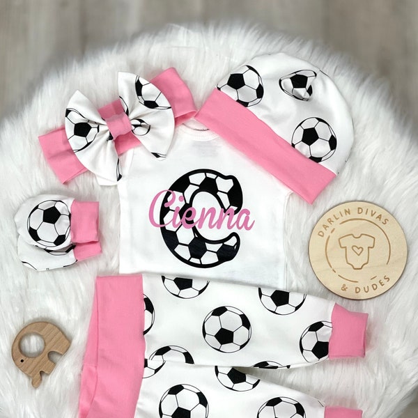 Soccer Girls Coming Home Outfit, Personalized Baby Girl Outfit,  Take Home Newborn Outfit, Baby Shower Gift, Custom Layette and Hat Set