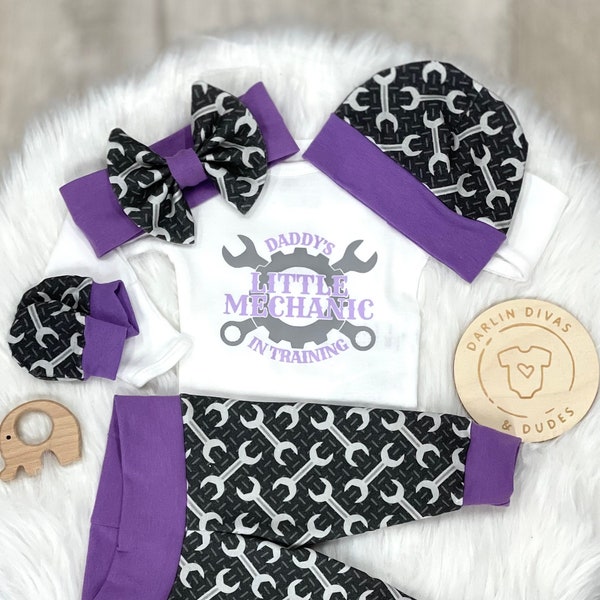 Daddy's Little Girl Mechanic Infant Outfit, Coming Home Baby Girl Outfit, Take Home Newborn Outfit, Girl Layette and Bow Set, Tool Handyman