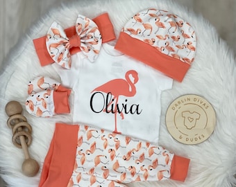 Personalized Flamingo Coming Home Outfit,  Custom Newborn Hospital Outfit,  Baby Shower Gift