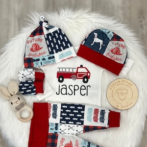 Baby Boy Coming Home Outfit, Firetruck Firefighter Fireman Personalized Outfit, Take Home Newborn, Baby Boy Layette Set, Baby Shower Gift