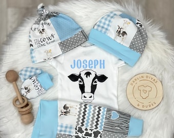Personalized Boy Cow Coming Home Outfit, Cow Hide Baby Boy Outfit, Newborn Outfit, Baby Shower Gift, Boy Layette, Little Cowboy, Farm Set