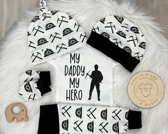 Baby Boys Mining Newborn Coming Home Outfit, The Mines have my Daddy but I have his Heart, Gray, Black, and White, Miner Daddy Set, Shower