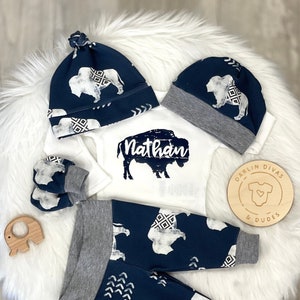 Baby Boys Coming Home Outfit, Buffalo Personalized Baby Boy Outfit,  Bison Newborn Boy Set, Baby Shower Gift, Baby Boy Layette and Hat Set