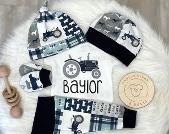 Farm Boy Coming Home Outfit, Navy Country Tractor Personalized Boy Outfit, Farming Newborn Outfit, Boy Layette and Hat Set, Baby Shower Gift