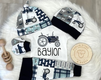 Farm Boy Coming Home Outfit, Navy Country Tractor Personalized Boy Outfit, Farming Newborn Outfit, Boy Layette and Hat Set, Baby Shower Gift