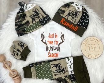 Baby Boy Hunting  &quot;Just in time for Hunting Season&quot; Coming Home Outfit, Personalized