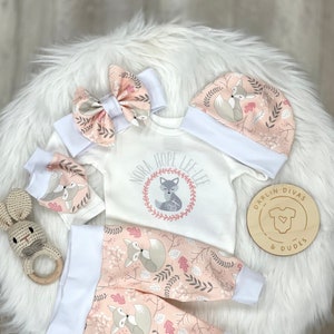 Girls Floral Fox Coming Home Outfit, Personalized Baby Set, Custom Newborn Hospital,  Baby Girl Shower Gift, Blush Pink