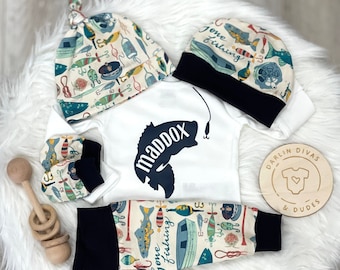Fishing Boys Coming Home Outfit, Personalized Baby Boy Outfit, Take Home Newborn Outfit, Baby Boy Layette and Hat Set, Baby Shower Gift Boy