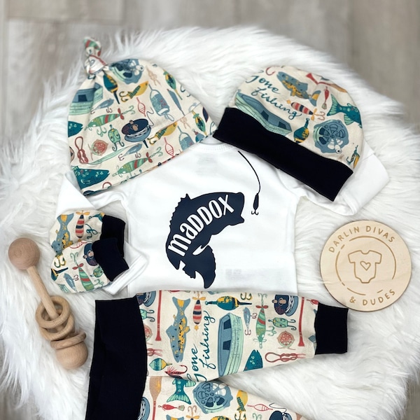 Fishing Boys Coming Home Outfit, Personalized Baby Boy Outfit, Take Home Newborn Outfit, Baby Boy Layette and Hat Set, Baby Shower Gift Boy