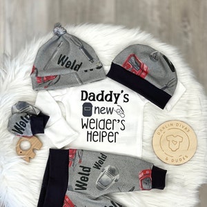 Boys Welder Daddy Newborn Coming Home Outfit, Daddy's New Welder Helper