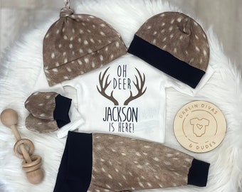 Fawn Deer Boys Coming Home Outfit, Navy Trim Personalized Baby Boy Outfit