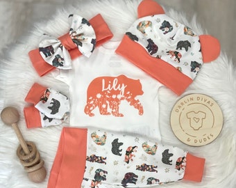 Coral Bear Floral Girls Coming Home Outfit, Personalized Baby Set, Custom Newborn Hospital,  Baby Shower Gift, Watercolor Layette