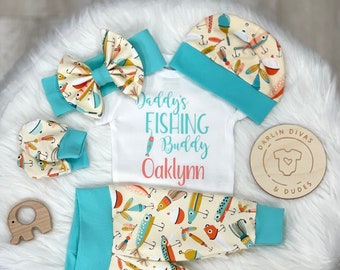 Girls Fishing Coming Home Outfit, Daddy's Fishing Buddy Personalized Girls Baby Set, Custom Newborn Hospital,  Baby Shower Gift,  Layette