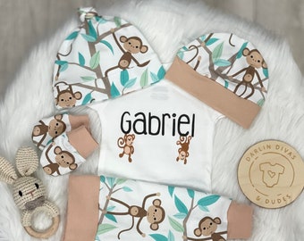 Monkey Baby Boys Coming Home Outfit, Monkey Personalized Baby Boy Outfit,  Newborn Boy Set, Baby Shower Gift, Baby Boy Layette and Hat Set