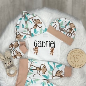 Monkey Baby Boys Coming Home Outfit, Monkey Personalized Baby Boy Outfit,  Newborn Boy Set, Baby Shower Gift, Baby Boy Layette and Hat Set