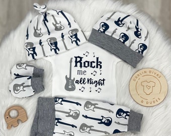 Boys Rocker Coming Home Outfit, Rock Band Music Baby Boy Outfit, Take Home Newborn Outfit, Baby Shower Gift, Boy Layette and Hat Set