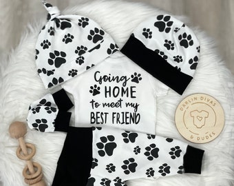 Going Home Boys Dog Coming Home Outfit, Going Home to Meet my Best Friend Baby Set, Dogs Paws, Newborn Hospital,  Baby Boy Shower Gift