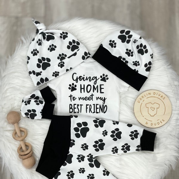 Going Home Boys Dog Coming Home Outfit, Going Home to Meet my Best Friend Baby Set, Dogs Paws, Newborn Hospital,  Baby Boy Shower Gift