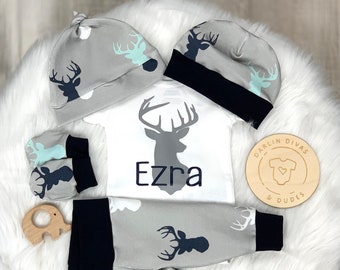 Boys Coming Home Outfit, Deer Buck Navy Personalized Baby Boy Outfit,  Newborn Hosptial Outfit, Baby Boy Shower Gift and Hat Set