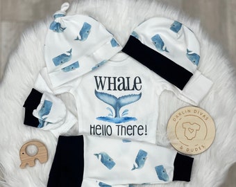 Baby Boys Whale Coming Home Outfit, Ocean Whale Hello There Baby Boy Outfit,  Newborn Boy Set, Baby Shower Gift, Baby Boy Layette and Hat
