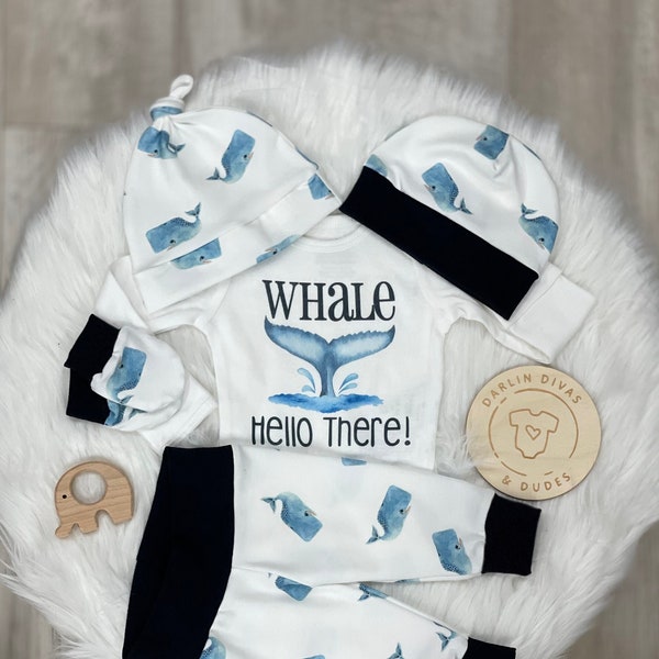 Baby Boys Whale Coming Home Outfit, Ocean Whale Hello There Baby Boy Outfit,  Newborn Boy Set, Baby Shower Gift, Baby Boy Layette and Hat