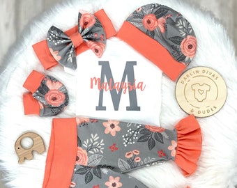 Personalized Baby Girl Take Home Outfit, Coral and Grey Girls Baby Set, Ruffle Infant Outfit,  Baby Shower Gift