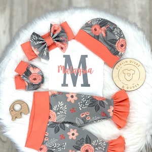 Personalized Baby Girl Take Home Outfit, Coral and Grey Girls Baby Set, Ruffle Infant Outfit, Baby Shower Gift image 1