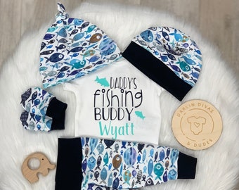 Daddys Fishing Buddy Boys Coming Home Outfit, Personalized Baby Boy Outfit, Take Home Newborn Outfit, Baby Boy Layette and Hat Set